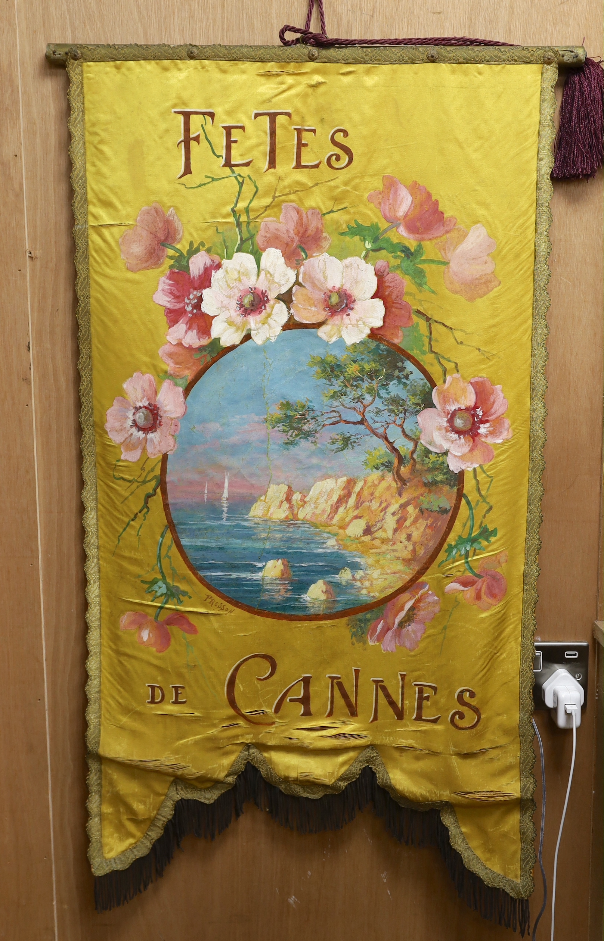 Pol Presson (20th. C) vintage silk 'Fetes de Cannes' banner painted with a French coastal landscape